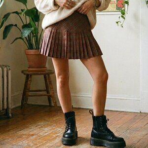 Women's Pleated Plaid Mini Skirt High Rise waist Brown Small Preppy Academia